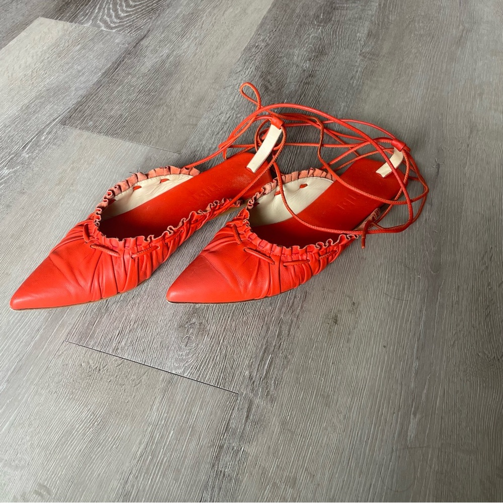 Tibi Sergei Flats Orange Red Lace Up Pointed Flat in Ruby